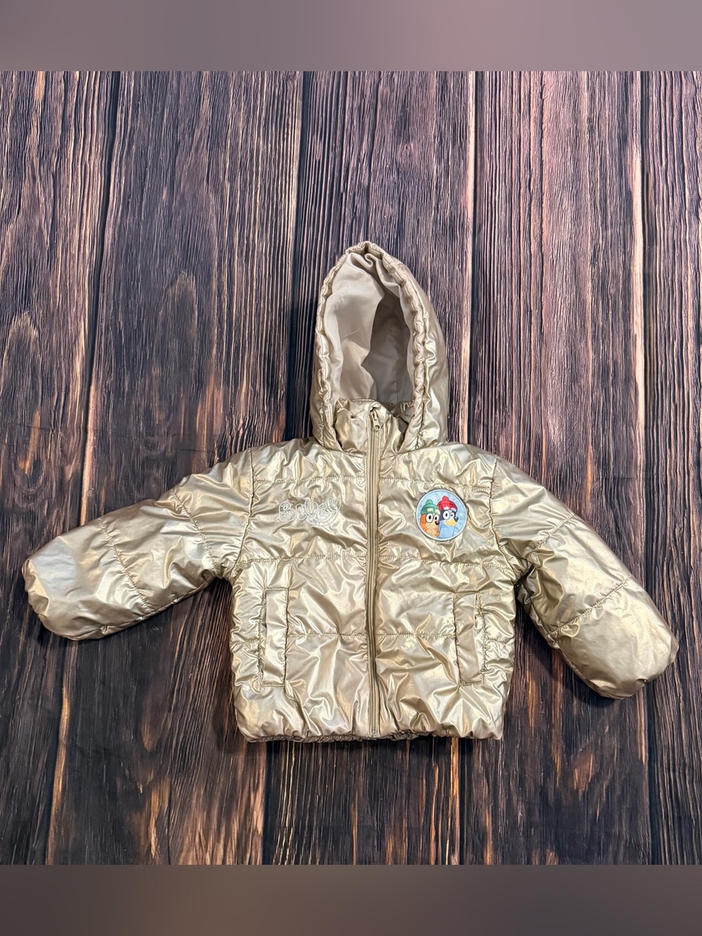 Kids Metallic Gold Bluey Hooded Puffer Jacket